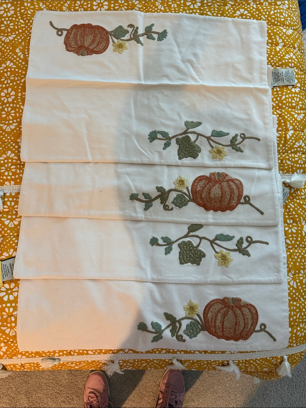 Pottery Barn White Cotton placemats with Orange Pumpkins dry-cleaned